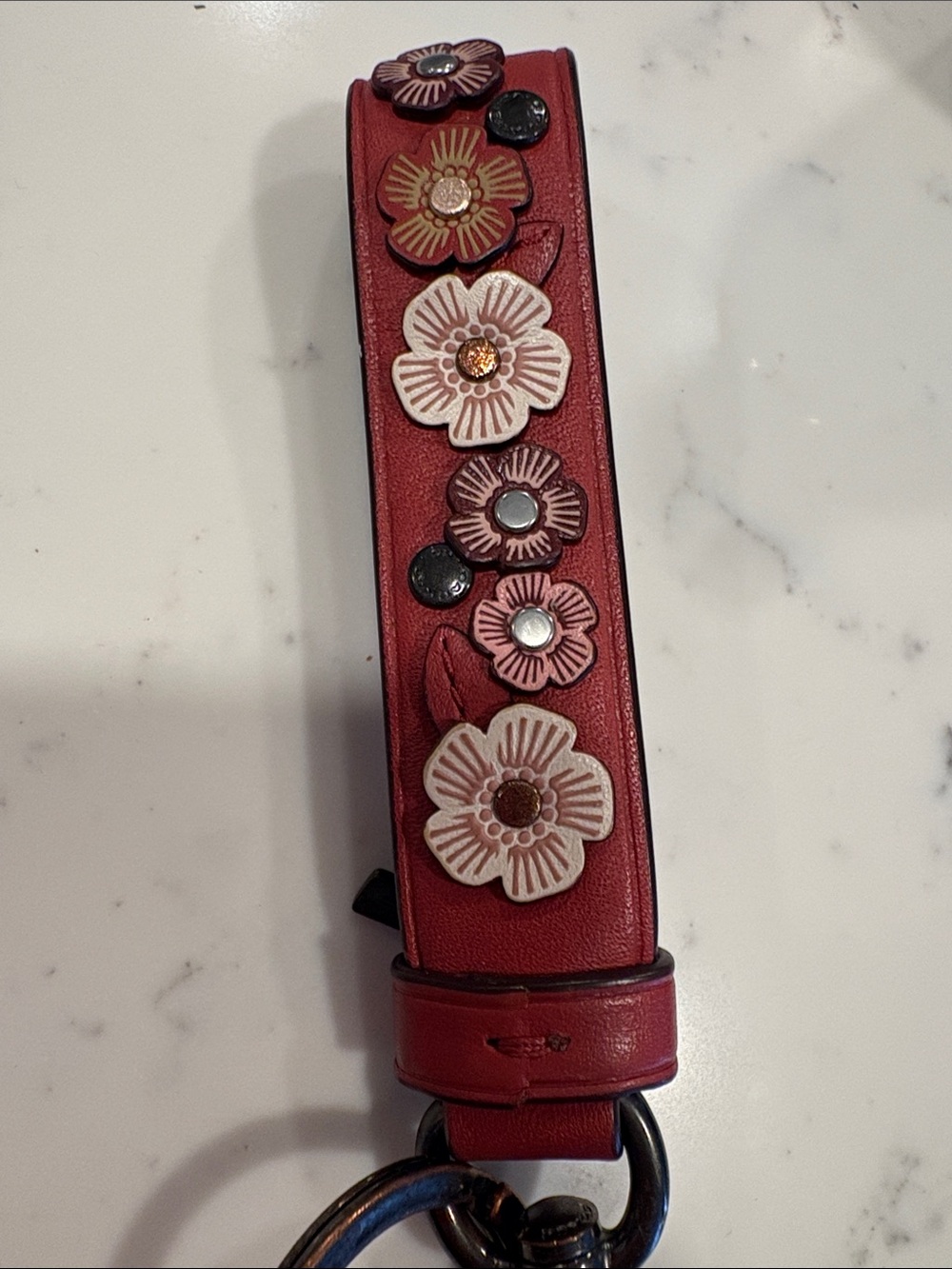 Coach Red Leather Floral Appliqué Key Fob - Picture 2 of 9